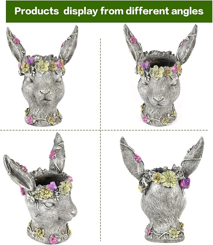 Sungmor Bobby Rabbit Head Planter - Premium Resin & 14.6" Tall Large Garden Pot - Lovely Animal Figurine Ornament Plant Container - Hand-Painted Decorative Plant Pot Indoor Artificial Flower Vase