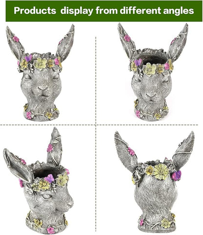 Sungmor Bobby Rabbit Head Planter - Premium Resin & 14.6" Tall Large Garden Pot - Lovely Animal Figurine Ornament Plant Container - Hand-Painted Decorative Plant Pot Indoor Artificial Flower Vase