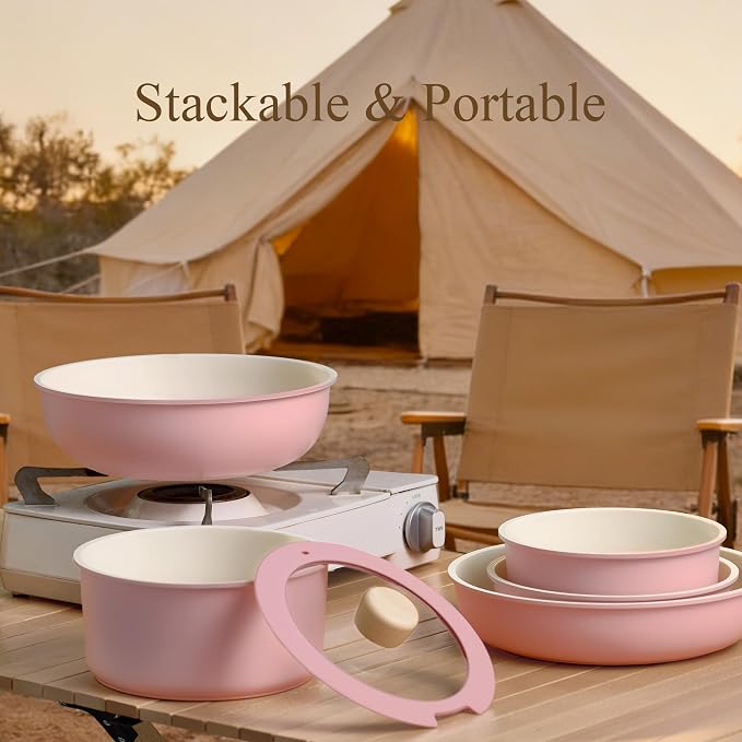 CAROTE 19pcs Pots and Pans Set Non Stick, Cookware Set Detachable Handle | Induction Compatible, Dishwasher & Oven Safe, Space Saving, Camping Cooking Set, Kitchen Set, Pink