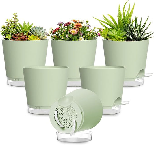 Plant Pots 4 Inch Self Watering Pots,6 Pack Plastic Planters with Drainage Holes and Clear Saucers,Plastic Flower Pots,Nursery Planting Pot for Indoor Out Door Plants (Green)