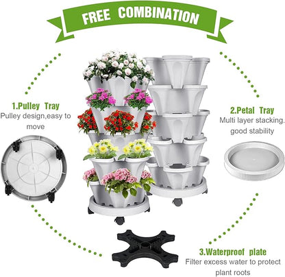 Vertical Strawberry Planter 7 Tier Stackable Tower Herb Planters-Stacking Garden Outdoor Grey Planter Pot with Tools Mover for Succulents, Vegetables and Flowers
