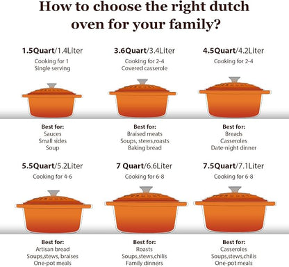 Overmont Enameled Cast Iron Dutch Oven - 7QT Pot with Lid Cookbook & Cotton Potholders - Heavy-Duty Cookware for Braising, Stews, Roasting, Sourdough Baking orange