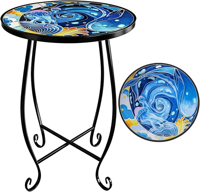 15 Inch Jellyfish Mosaic Side Table (1 PC) - Small Outdoor Round Folding Table with Weather-Resistant Metal Frame, Coastal Accent End Table for Patio, Garden, Balcony, Backyard