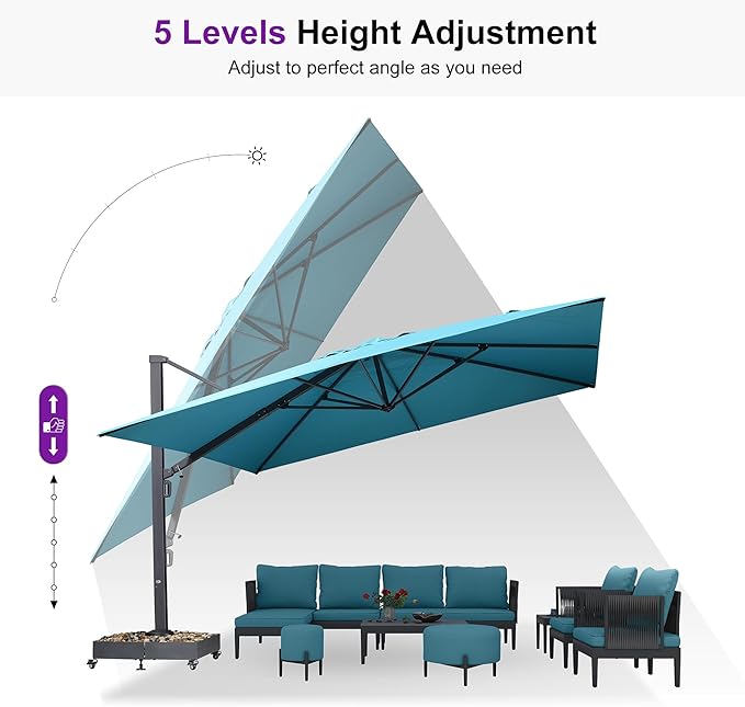 PURPLE LEAF 11' X 15' Rectangle Patio Umbrella Large Cantilever Outdoor Aluminum Offset Umbrella with 360-degree Rotation Umbrella for Garden Deck Backyard Pool Turquiose Blue