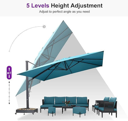 PURPLE LEAF 11' X 15' Rectangle Patio Umbrella Large Cantilever Outdoor Aluminum Offset Umbrella with 360-degree Rotation Umbrella for Garden Deck Backyard Pool Turquiose Blue