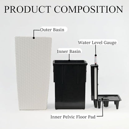 30in Tall Planter, Self Watering Pots for Indoor/Outdoor Plants with Drain Holes, Water Level Monitor, Inner Bucket for Front Porch Patio, White Large(1 Set)