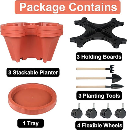 GameXcel Vertical Planter 3 Tier Stackable Planters Garden Planters Strawberry Herb Flower and Vegetable Planter Indoor Outdoor Gardening Pots with Removable Wheels and Tools
