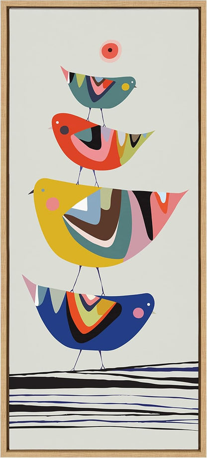 Kate and Laurel Sylvie The Family Tree Panel Framed Canvas Wall Art by Rachel Lee of My Dream Wall; 18x40 Natural; Adorable Block Print Bird Art for Wall