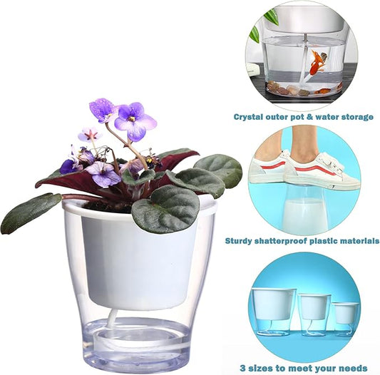 3 Packs 7" Large Clear Self-watering Planters African Violet Pots Plastic Plant Pots Wicking Flower Pots for Indoor Plants, Herbs, African Violet, Ocean Spider Plant, Orchid Pot, Clear and White