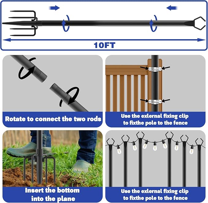 2 Pack 10 ft Heavy Duty Metal String Light Poles Adjustable Outdoor Lighting Stand for Patio,Backyard,Garden,Party & Wedding Rustproof & Sturdy with Hooks
