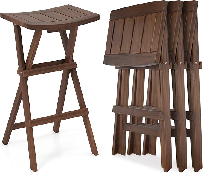 COSTWAY Folding Wooden Bar Stools Set of 4, 30-inch Height Backless Saddle Stools with Footrest, Foldable Chairs for Kitchen Island, Counter, Patio, Indoor & Outdoor, No Assembly Required, Teak