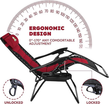 Oversized Padded Zero Gravity Lounge Chair, Foldable Patio Anti Gravity Reclining Chairs Folding Lawn Recliner with Cup Holder for Yard, Camping, Outdoor, Support 350 LBS, Burgundy