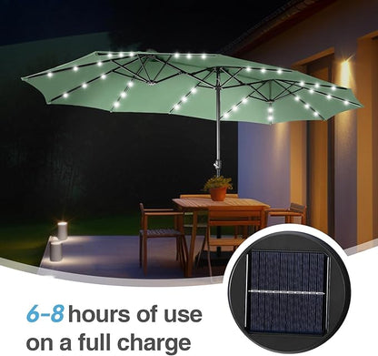 GREEN PARTY 15 ft Rectangle Patio Umbrella with Solar Lights and Base Included, Double-Sided Market Table Umbrella with Crank, Large Outdoor Umbrellas for Patio Poolside Garden Backyard, Mint Green