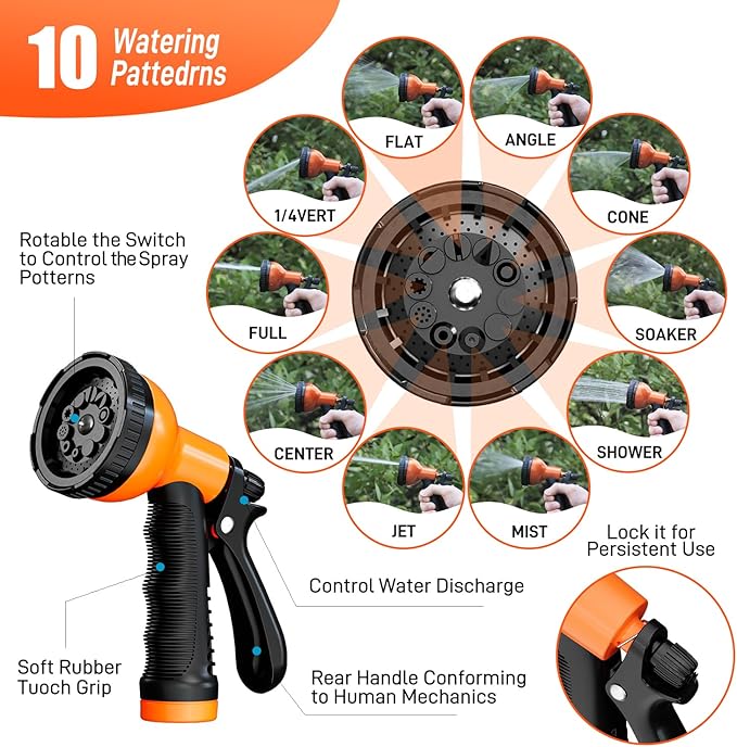 Besiter Garden Hose 25FT Stainless Steel Water Hose with 10 Functions Adjustable Spray Nozzle, Heavy-Duty Metal Garden Hose Flexible Durable No-Tangle & Kink Leak Dog Proof Hose for Yard Lawn(Orange)