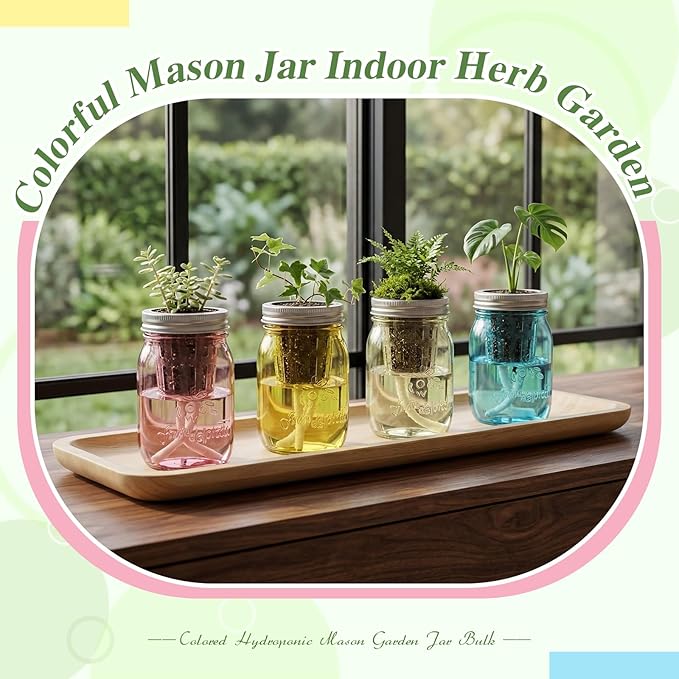 4 Set Colored Hydroponic Mason Garden Jar Bulk 16 oz Self Watering Herb Hydroponic Planter Kit with Planting Baskets Absorbent Cores for Indoor Herb Windowsill Garden Flower Grow Germination