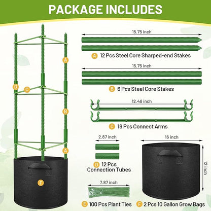 Legigo 2 Pack Tomato Cages with 10 Gallon Grow Bags- 48inch Tomato Trellis Plant Support Stakes Planter, Tomato Plant Cages Garden Trellis for Vertical Climbing Plants Vegetables Flowers Fruits