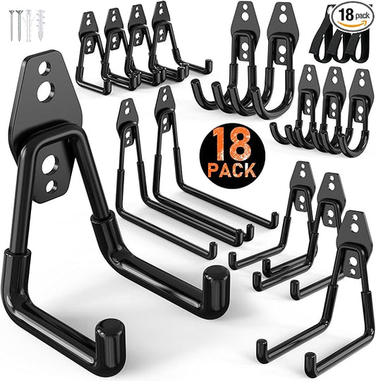 Housolution Steel Garage Hooks - 18Pack Anti-Slip Coating, Heavy Duty Wall Mount Hooks for Bikes, Garden Tools, Ladders, Hose, Bulk Items Ropes, Garage Tool Organizer with Extension Cord Wrap, Black