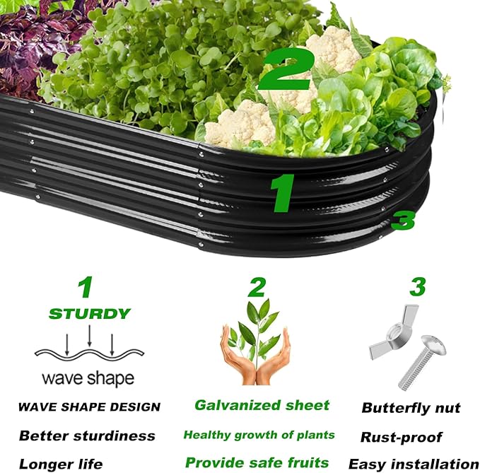 Rakukiri Raised Garden Bed GRS Certified Galvanized Planter Box Outdoor, 6.5ft Oval Rot-Resistant Metal Garden Bed Planter, Recycled Material Planter for Vegetables Flowers Herbs (Black)