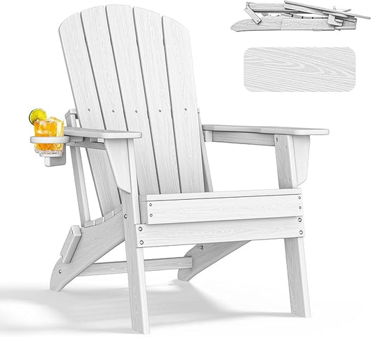 nevilywood Folding Adirondack Chair, Ergonomic Extended Backrest, HDPE All-Weather, 380lbs Capacity, Maintenance-Free, Cup Holder, （White）- Outdoor Patio & Firepit Chair