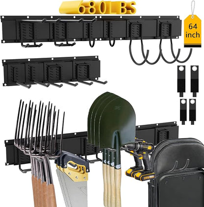 CBWLWJ 64'' Garage Tool Organizer Wall Mount - Heavy Duty 680 lbs Capacity Tool Rack with 10 Adjustable Hooks, Wall Mounted Storage System for Garage, Shed, Workshop (Black)