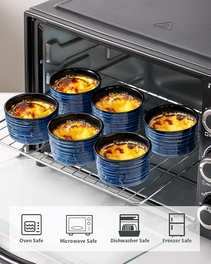 Hasense 6 oz Ramekins for Baking,Ceramic Souffle Dish Oven Safe Set of 6,Porcelain Dipping Sauce Bowls for Pudding, Creme Brulee, Souffle, Serving Dip, Custard, Ice Cream(Blue)