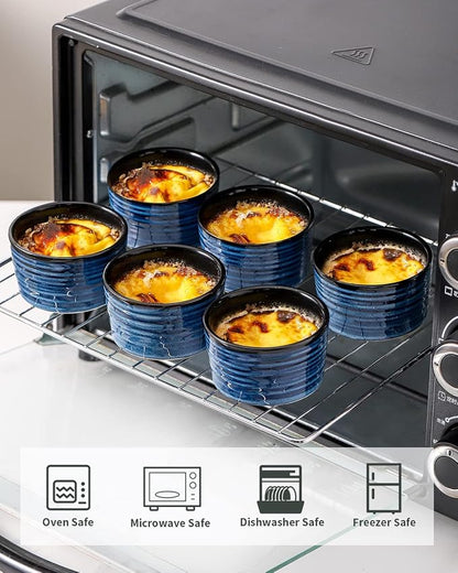Hasense 6 oz Ramekins for Baking,Ceramic Souffle Dish Oven Safe Set of 6,Porcelain Dipping Sauce Bowls for Pudding, Creme Brulee, Souffle, Serving Dip, Custard, Ice Cream(Blue)