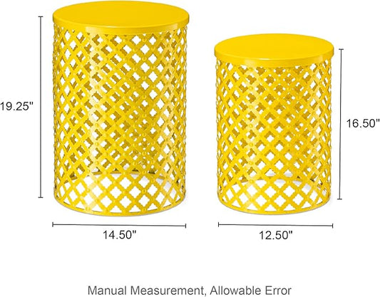 Glitzhome Outdoor Side Table Set of 2, Decorative Garden Stool for Indoor Outdoor Heavy Duty Metal Frame Accent Table Modern End Table, Yellow