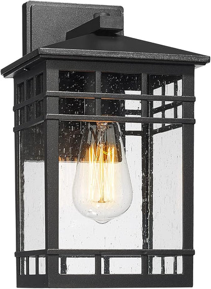 Outdoor Wall Lantern, Exterior Wall Mount Light Fixture, Black Outside Porch Sconce Lighting with Seeded Glass, Waterproof Outdoor Wall Light for Patio Front Door Entryway