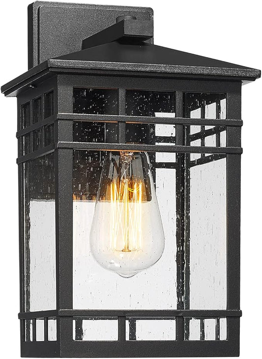 Outdoor Wall Lantern, Exterior Wall Mount Light Fixture, Black Outside Porch Sconce Lighting with Seeded Glass, Waterproof Outdoor Wall Light for Patio Front Door Entryway