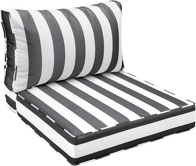 AAAAAcessories Outdoor Seat Cushions for Chairs, Fade-Resistant, Waterproof Patio Furniture Replacement Cushions, 25.5" x 25.5" x 5" + 25.5" x 13.5", Gray Cabana Stripe