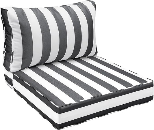 AAAAAcessories Outdoor Seat Cushions for Chairs, Fade-Resistant, Waterproof Patio Furniture Replacement Cushions, 25.5" x 25.5" x 5" + 25.5" x 13.5", Gray Cabana Stripe