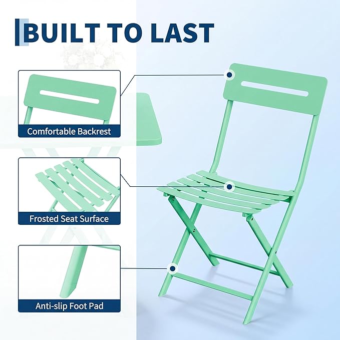 GarveeTech 3-Piece Folding Bistro Set, Heavy Duty Outdoor Patio Furniture with 2 Chairs & 1 Table, Weather-Resistant Steel Frame, No Assembly Required for Garden, Yard, Balcony,Green