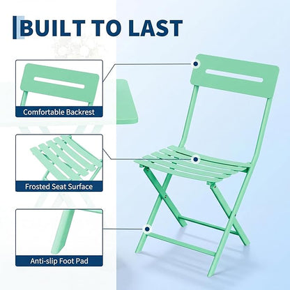 GarveeTech 3-Piece Folding Bistro Set, Heavy Duty Outdoor Patio Furniture with 2 Chairs & 1 Table, Weather-Resistant Steel Frame, No Assembly Required for Garden, Yard, Balcony,Green