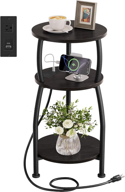 Round Side Table with Power Outlet & USB Ports, 3-Tier End Table with Storage Shelf, Modern Rustic Nightstand, Small Spaces Accent Table for Living Room Bedroom, Easy Assembly, Black