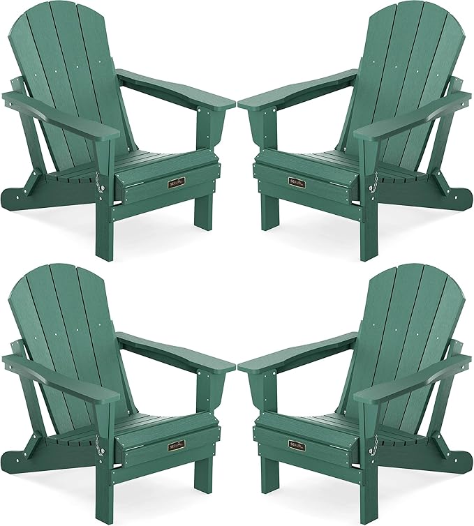 SERWALL Foldable Adirondack Chair Set of 4 for Patio Garden Outdoors Fire Pit Chairs-Green
