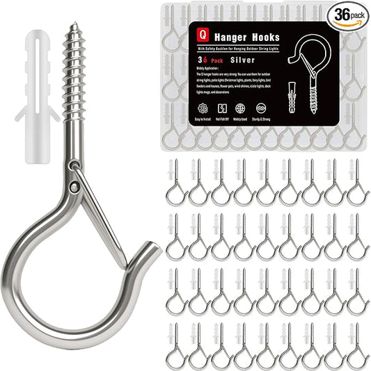 36 Pack Silver Screw Hooks with Safety Buckle - 2.3 Inch Rustproof Eye Ceiling Hooks for Hanging Plants,Outdoor String Lights,Baskets,Christmas Lights & Decor,40lb Capacity (36, Silver)