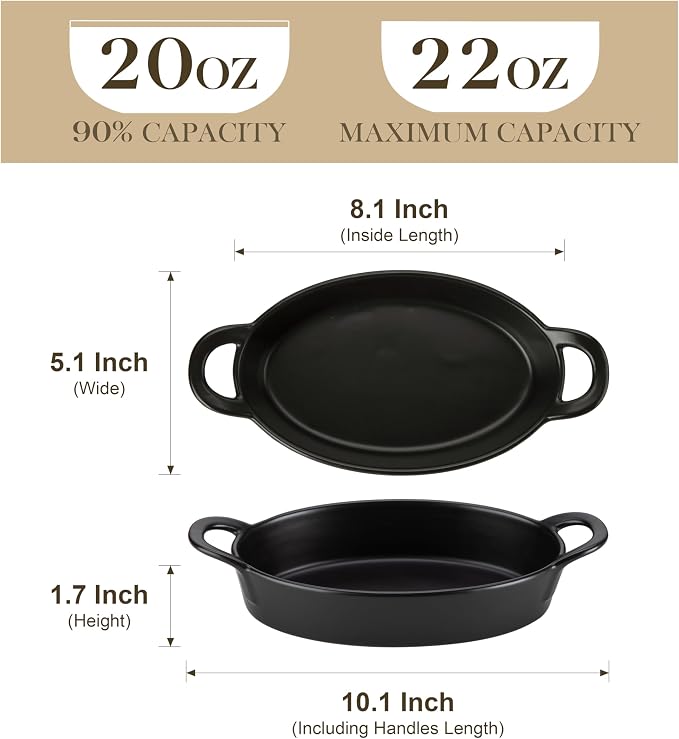 MALACASA Small Casserole Baking Dishes for Oven, Ceramic Oval Baking Dish Sets of 4, 8" x 5" Inch Au Gratin Baking Pans with Handles for Roasting, Lasagna, Pie, Baking Meat & Vegetables, Matte Black