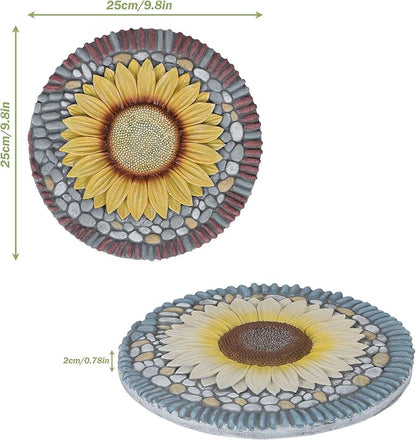 PINPON 4 Pack Sunflower Stepping Stones – 10 Inch Cement Garden Pavers with Colorful Pebble Border, Hand-Painted Outdoor Walkway Stones, Weather-Resistant Decorative Path Stones for Patio & Yard