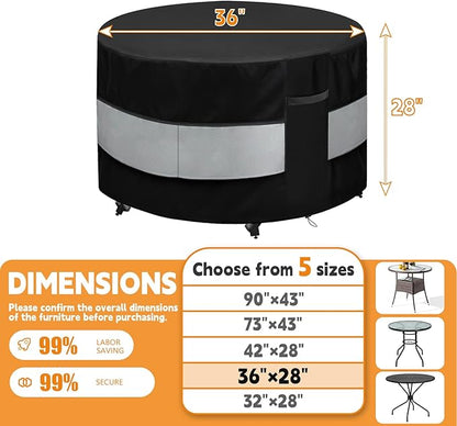 Round Patio Furniture Cover Black Grey Waterproof Up to 10000pa for 36 x 28 Inch Outdoor Round Dinner Table Covers