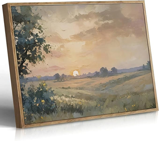 Vintage Canvas Wall Art Sunset Wall Decor Landscape Countryside Wilderness Oil Painting Rustic Picture Modern Farmhouse Print Nature Scenery Prints Living Room Bedroom Bathroom 12x16 Inch Framed
