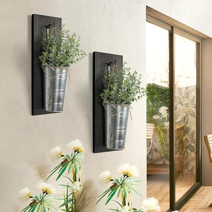 SHOHAYTO Farmhouse Wall Decor Set of 2 - Wood Hanging Planters with Artificial Eucalyptus, Rustic Vertical Pocket Vases for Bathroom Kitchen, Indoor Greenery Decor