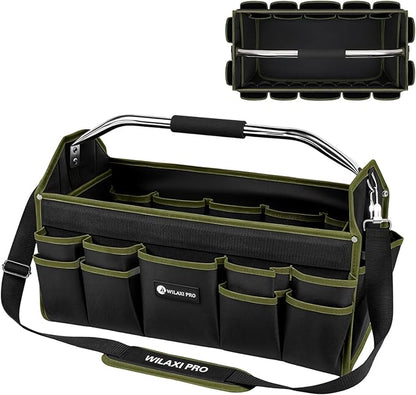 22in Tool Bags For Men Heavy Duty, 33 PCS Pockets Tool Bag Organizer Foldable Open Top Tool Bag With Handle, Wide Mouth Electrician Tool Tote, Green