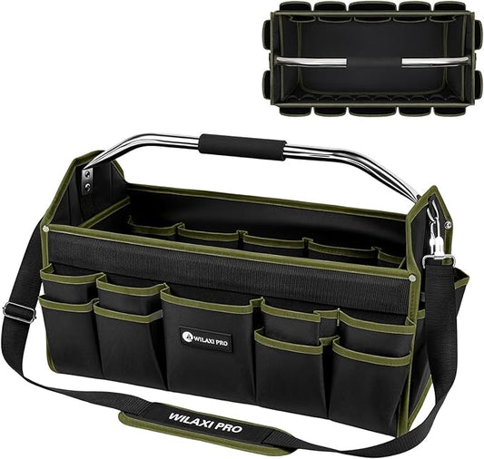 22in Tool Bags For Men Heavy Duty, 33 PCS Pockets Tool Bag Organizer Foldable Open Top Tool Bag With Handle, Wide Mouth Electrician Tool Tote, Green