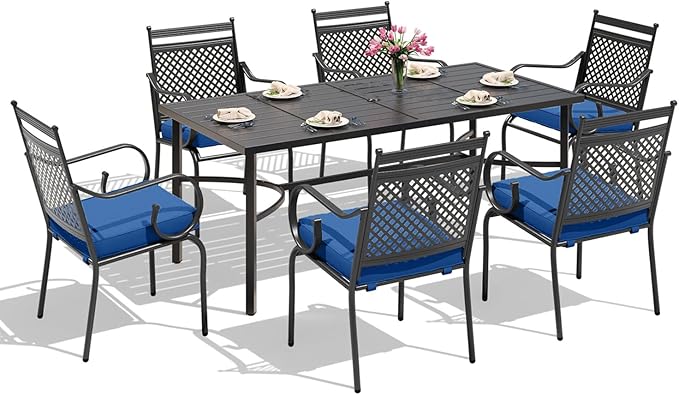 MELLCOM Patio Dining Chairs Set of 2, Heavy Duty Outdoor Dining Chairs with Armrests and Cushions, Iron Metal Patio Chairs for Outside, Garden Lawn & Porch, Backyard, Blue