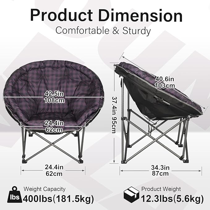 Oversized XXL Folding Round Camping Chairs,Comfy Padded Moon Camp Chairs,Heavy Duty Supports 400 Lbs Outdoor Lawn Chairs for Adults,Perfect for Indoor,Family Hiking,Picnics and Garden,Purple Plaid