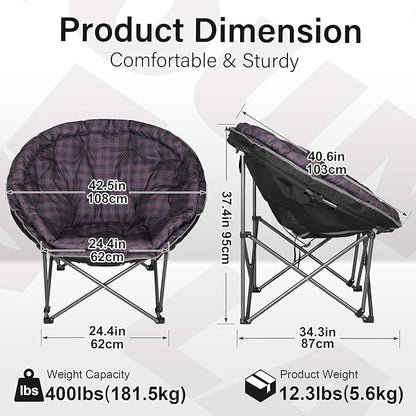 Oversized XXL Folding Round Camping Chairs,Comfy Padded Moon Camp Chairs,Heavy Duty Supports 400 Lbs Outdoor Lawn Chairs for Adults,Perfect for Indoor,Family Hiking,Picnics and Garden,Purple Plaid