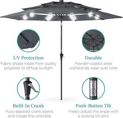 Best Choice Products 10ft 3-Tier Solar Patio Umbrella, Outdoor Market Sun Shade for Backyard, Deck, Poolside w/ 24 LED Lights, Tilt Adjustment, Easy Crank, 8 Ribs - Slate