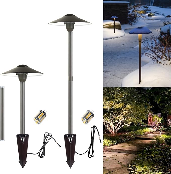 Low Voltage Landscape Path Lights, Aluminum Pathway Area Light, Replaceable 3W Warm White G4 LED Bulb, Extended Pole and Stake Included for Low Voltage Landscape Lighting, 2-Pack