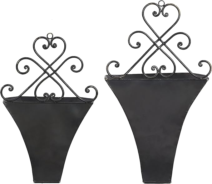 Deco 79 Metal Scroll Indoor Outdoor Wall Planter Indoor Outdoor Weathered Hanging Hanging Planter with Fleur-De-Lis Accent, Set of 2 Plant Hanger 22", 18"H, Brown