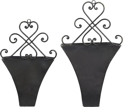 Deco 79 Metal Scroll Indoor Outdoor Wall Planter Indoor Outdoor Weathered Hanging Hanging Planter with Fleur-De-Lis Accent, Set of 2 Plant Hanger 22", 18"H, Brown